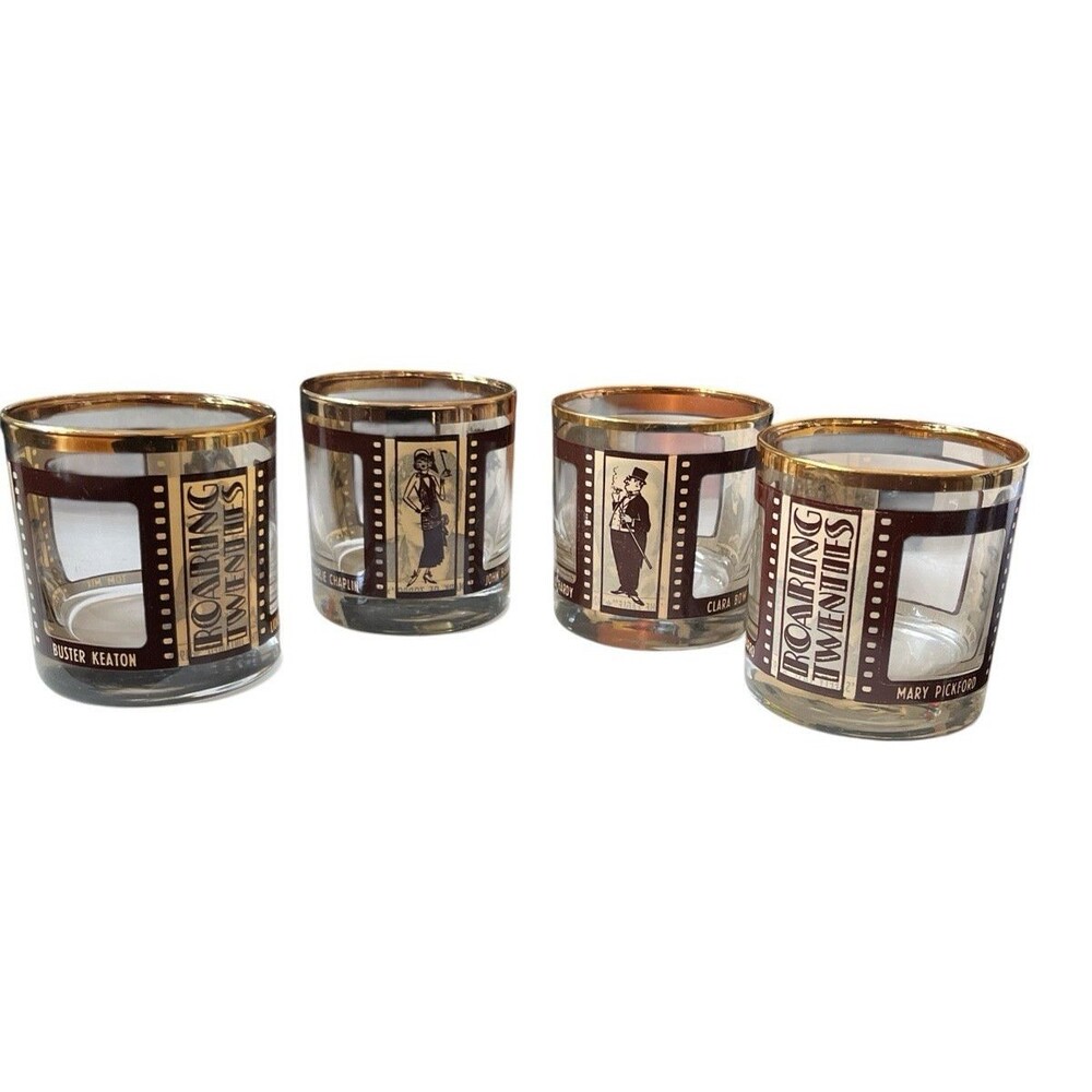 Vintage Set 4 Roaring Twenties Glasses Bar Whiskey Lowball Hollywood Film